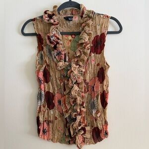 Vintage Piano Floral Ruffle Top Stretch Crinkle Fabric Y2K Cottagecore Boho